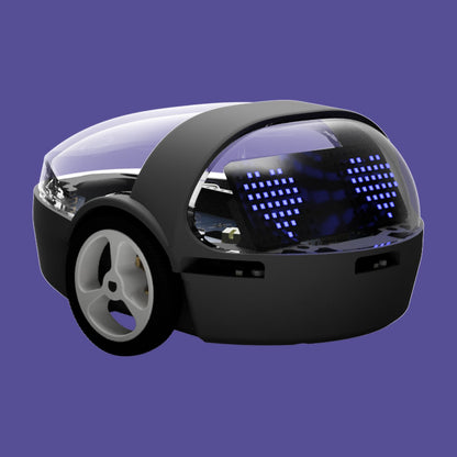 Eliobot complet, coque et yeux LED allumés, sur fond violet