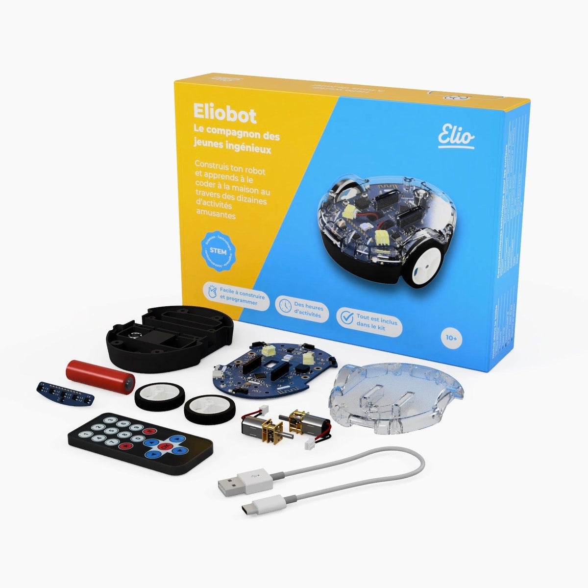 La boîte de l'Eliobot Original et les pièces du kit disposées autour