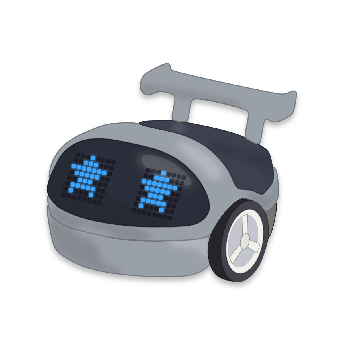 Eliobot vu de trois quarts avec le Backpack Bolide et son aileron